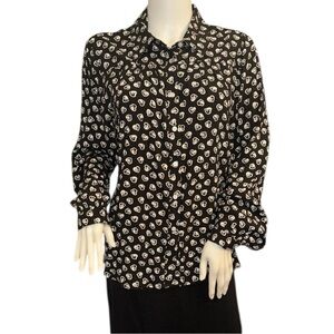 Loft Black and White Heart Print Button Front Rayon Blouse Large Petite